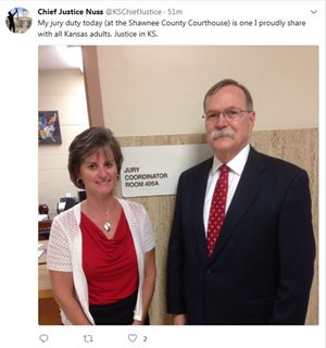 Chief Justice Lawton Nuss and Carol Bausch, Shawnee County District Court jury coordinator